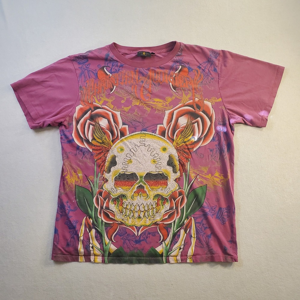 Christian Audigier Mens XXL Purple Rhinestone Skull Rose Graphic T-Shirt Y2K
